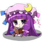  book bow chibi crescent crescent_hair_ornament hair_bow hair_ornament hat hat_bow long_hair moyashi_(m-planter) patchouli_knowledge purple_eyes solo touhou triangle_mouth very_long_hair 