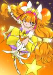  ;) amanogawa_kirara bare_shoulders cure_twinkle dress earrings gloves go!_princess_precure highres jewelry magical_girl one_eye_closed orange_hair precure purple_eyes smile solo star star_earrings tiara tsukikage_oyama 