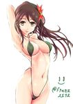  amagi_(kantai_collection) arm_behind_head breasts brown_eyes brown_hair collarbone cowboy_shot flower franz_(217franz) green_swimsuit hair_flower hair_ornament highres kantai_collection large_breasts long_hair looking_at_viewer mole mole_under_eye navel simple_background slingshot_swimsuit smile solo swimsuit twitter_username white_background 