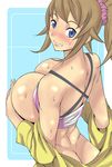  banjo_(technistep) bare_shoulders blue_eyes blush bra bra_lift breasts brown_hair butt_crack commentary_request covering covering_breasts from_side grin gundam gundam_build_fighters gundam_build_fighters_try hair_ornament hair_scrunchie hoshino_fumina huge_breasts long_hair looking_at_viewer looking_to_the_side nose_blush off_shoulder ponytail scrunchie sidelocks smile solo sports_bra sweat underwear upper_body 