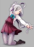  ahoge asashimo_(kantai_collection) boots bow bowtie brown_footwear comah eyes_visible_through_hair full_body grey_background grey_eyes grey_hair grey_legwear hair_over_one_eye kantai_collection long_sleeves looking_at_viewer multicolored_hair pantyhose pleated_skirt ponytail purple_skirt school_uniform shirt simple_background skirt smile solo two-tone_hair white_shirt 