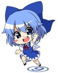  1girl :d blue_eyes blue_hair blush_stickers bow chibi cirno hair_bow ice ice_wings moyashi_(m-planter) open_mouth smile solo touhou wings 