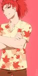  5spra bad_id bad_pixiv_id black_eyes casual crossed_arms eyeliner fate/extra fate_(series) hawaiian_shirt leaf_print li_shuwen_(fate) makeup male_focus maple_leaf_print ponytail red_eyes red_hair shirt smile solo 