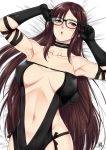  armpits black_gloves breasts brown_eyes brown_hair choker collarbone consort_yu_(fate) erect_nipples fate/grand_order fate_(series) glasses gloves groin highres long_hair looking_at_viewer lying navel on_back parted_lips revealing_clothes solo teeth very_long_hair xtermination 
