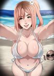  beach bikini blush breasts brown_eyes brown_hair butcha-u covered_nipples dated day dead_or_alive dead_or_alive_5 hair_ornament honoka_(doa) large_breasts looking_at_viewer md5_mismatch navel octopus one_side_up open_mouth pov short_hair smile solo swimsuit white_bikini zack_(doa) 