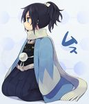  blue_eyes chibi hakama haori high_ponytail hiyo_kiki japanese_clothes male_focus mole mole_under_eye profile purple_hair scarf seiza shinsengumi sitting sleeves_past_wrists solo touken_ranbu white_scarf yamato-no-kami_yasusada 