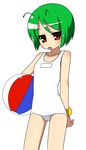  :p antennae ball beachball green_hair moyashi_(m-planter) one-piece_swimsuit red_eyes school_swimsuit solo swimsuit tongue tongue_out touhou white_background white_school_swimsuit white_swimsuit wriggle_nightbug 