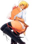  absurdres ass bad_id bad_pixiv_id bikini_top blonde_hair blue_eyes bouncing_breasts breasts collar covered_nipples gigantic_breasts highres ikiteru knife licking_lips looking_at_viewer mito_ikumi plaid plaid_skirt shokugeki_no_souma short_hair skirt solo tan thighhighs tongue tongue_out tootsuki_saryou_ryouri_gakuen_uniform 