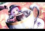  akisha bad_id bad_pixiv_id bathing blush bowl cup hat highres in_container in_cup letterboxed looking_at_viewer minigirl nude pouring purple_eyes purple_hair solo sukuna_shinmyoumaru teabag teacup teapot touhou 