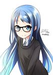  alternate_costume bad_id bad_pixiv_id bangs black-framed_eyewear blue_eyes blue_hair dated glasses gradient_hair kantai_collection long_hair long_sleeves looking_at_viewer multicolored_hair nekobaka ribbed_sweater samidare_(kantai_collection) school_uniform simple_background smile solo sweater twitter_username very_long_hair white_background 