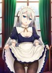  blue_eyes brown_legwear chestnut_mouth cleavage_cutout dress dress_lift gusset highres jitome long_hair maid maid_headdress moe2015 original panties panties_under_pantyhose pantyhose silver_hair solo sorano_(12gou) standing thigh_gap thighband_pantyhose underwear 