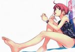  bare_legs barefoot blue_eyes bow egg feet finger_licking foreshortening gun hair_bow handgun highres leg_up legs licking long_legs looking_at_viewer one-piece_swimsuit rail_wars! red_hair sakurai_aoi scan short_hair sitting soles solo spoon swimsuit thighs toes tongue tongue_out vania600 watch weapon wristwatch 
