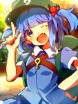  backpack bag blue_eyes blue_hair blush dress fang hair_bobbles hair_ornament hand_up happy hat k.ei kawashiro_nitori key looking_at_viewer one_eye_closed open_mouth puffy_short_sleeves puffy_sleeves shirt short_hair short_sleeves short_twintails skirt skirt_set smile solo touhou twintails two_side_up wrench 