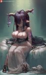  1girl bare_shoulders black_hair blood blood_stain collarbone cutesexyrobutts danua dress eyes_closed fingerless_gloves gloves granblue_fantasy highres horn_ornament horns jewelry long_hair necklace parted_lips pointy_ears sitting solo sunlight thighs very_long_hair white_dress 