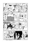  4koma :d ahoge animal_ears black_sclera centaur centorea_shianus chain character_request collar comic cosplay disembodied_head dullahan greyscale hair_ornament hairclip highres horse_ears lala_(monster_musume) leash long_hair marker monochrome monster_girl monster_musume_no_iru_nichijou multiple_girls one_eye_closed open_mouth s-now smile spiked_collar spikes sweatdrop translation_request v 