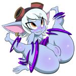  ass biting blue_skin blush breasts earrings goggles goggles_on_head huge_ass jewelry league_of_legends lip_biting nipples pointy_ears presenting short_hair smile spread_legs thick_thighs thighs tristana white_hair yordle 