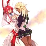  blonde_hair blush breasts bridal_veil brown_eyes cleavage cleavage_cutout closed_eyes clover cravat dark_skin dress elphelt_valentine four-leaf_clover gloves guilty_gear guilty_gear_xrd hairband hat hyakuhachi_(over3) large_breasts long_hair long_sleeves multiple_girls open_mouth pink_hair platinum_blonde_hair puffy_long_sleeves puffy_sleeves ramlethal_valentine red_hair short_hair siblings sisters skirt smile spikes veil 