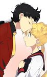  1girl bandages bishoujo_senshi_sailor_moon black_hair blonde_hair blue_bow blue_sailor_collar bow earrings forehead_kiss from_side jewelry juuban_high_school_uniform kiss long_hair petagon profile sailor_collar seiya_kou stud_earrings tsukino_usagi 