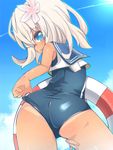 adjusting_clothes adjusting_swimsuit ass blonde_hair blue_eyes crop_top flower from_behind hair_flower hair_ornament highres kantai_collection long_hair one-piece_swimsuit ro-500_(kantai_collection) sailor_collar school_swimsuit swimsuit swimsuit_under_clothes tan tanline zamudelin 