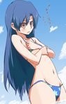  banned_artist bikini blue_hair brown_eyes cloud day ekusiregaia idolmaster idolmaster_(classic) kisaragi_chihaya long_hair navel sky swimsuit translation_request wading water 