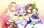  :d ;d ^_^ absurdres aran_sweater closed_eyes compa detached_sleeves food game_cg girl_sandwich highres histoire if_(choujigen_game_neptune) long_hair multiple_girls neptune_(choujigen_game_neptune) neptune_(series) non-web_source official_art one_eye_closed open_mouth plaid plaid_skirt pudding sandwiched short_hair skirt smile sweater thighhighs tsunako v-shaped_eyebrows 