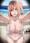  absurdres beach bikini blush breasts brown_eyes brown_hair butcha-u covered_nipples day dead_or_alive dead_or_alive_5 hair_ornament highres hips honoka_(doa) large_breasts looking_at_viewer md5_mismatch navel octopus one_side_up open_mouth pov short_hair side-tie_bikini sideboob smile solo swimsuit thigh_gap white_bikini zack_(doa) 