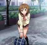  bag brown_eyes brown_hair cardigan denpa_onna_to_seishun_otoko hand_on_own_chest highres kneehighs mifune_ryuuko pleated_skirt school_bag school_uniform serafuku short_hair skirt solo 