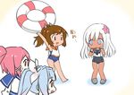  :d :o bare_arms bare_legs barefoot blue_eyes blue_hair brown_eyes brown_hair flower gradient_hair hair_flower hair_ornament hair_ribbon i-168_(kantai_collection) i-19_(kantai_collection) i-401_(kantai_collection) kantai_collection lifebuoy long_hair multicolored_hair multiple_girls open_mouth pink_hair ponytail red_eyes ribbon ro-500_(kantai_collection) sailor_collar school_swimsuit school_uniform serafuku shibi slippers smile sweatdrop swimsuit swimsuit_under_clothes tan tanline translated twintails white_hair 