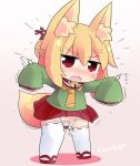 anger_vein animal_ears bangs bell blush borrowed_character bow bow_panties chibi collar cursor embarrassed english_text eyebrows_visible_through_hair female flat_chest fox_ears fox_girl fox_tail full_body green_shirt hair_bun hands_up japanese_text jingle_bell jpeg_artifacts kemomimi-chan_(naga_u) looking_at_viewer miniskirt nose_blush onebchan open_mouth orange_neckwear panties panty_pull pleated_skirt pussy red_eyes red_footwear red_skirt restrained sailor_collar sandals school_uniform serafuku shirt simple_background skirt sleeves_past_fingers sleeves_past_wrists solo standing sweat tail tears thighhighs translation_request uncensored underwear wavy_mouth white_legwear white_panties white_sailor_collar zouri 