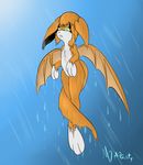  2013 anthro bat dust:_an_elysian_tail female fidget flying fur green_eyes mammal mdgusty membranous_wings nimbat orange_fur outside raining sad sky solo video_games water wet white_fur wings 