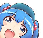  bad_revision blue_eyes blue_hair blush blush_stickers close-up commentary hair_bobbles hair_ornament hat kawashiro_nitori kotori_photobomb looking_at_viewer looking_down love_live! love_live!_school_idol_project md5_mismatch open_mouth parody resized short_hair simple_background smile solo teeth touhou two_side_up upscaled white_background wool_(miwol) 