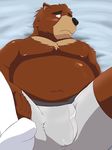  anthro bear bed blush brown_fur bulge clothing fur grizzly_bear juuichi_mikazuki male mammal masculine morenatsu overweight socks solo spread_legs spreading underwear unknown_artist 