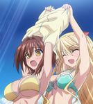  2girls 8-bit_(company) absolute_duo armpits arms_up assisted_exposure bikini blonde_hair blush breasts brown_hair embarrassed hotaka_miyabi large_breasts lilith_bristol multiple_girls navel open_mouth screencap sky swimsuit underboob 