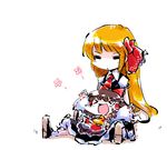  &gt;_&lt; ascot blonde_hair bow brown_hair closed_eyes detached_sleeves hair_bow hair_ribbon hair_tubes hakurei_reimu long_hair multiple_girls nyoron_(fudegatana) older open_mouth outstretched_arms ribbon rumia short_hair sitting sitting_on_person skirt touhou white_background younger 