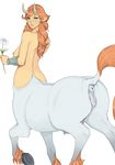  1girl artist_request ass blush breasts centaur flower from_behind green_eyes hooves horns looking_back monster_girl nipples nude pointy_ears pussy red_hair solo tail udders uncensored 