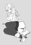  ass black_legwear black_panties blue_eyes breasts fatkewell flower garter_straps grey_background greyscale hair_flower hair_ornament high_heels lace lace-trimmed_thighhighs large_breasts lying monochrome on_side panties simple_background sketch solo spot_color thighhighs underwear 