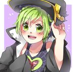  1girl :d bangs black_hat blush border borrowed_garments child coat double_bun eyebrows_visible_through_hair eyes_visible_through_hair green_eyes green_hair hand_on_headwear hat jojo_no_kimyou_na_bouken kuujou_jolyne looking_at_viewer multicolored_hair open_mouth outside_border oversized_object purple_hair sleeves_past_wrists smile solo stone_ocean trudy0816 two-tone_hair upper_body white_border 