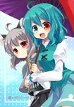  ahoge animal_ears blue_eyes blue_hair capelet grey_hair heterochromia jewelry karakasa_obake mouse_ears multiple_girls nagaro nazrin open_mouth pendant red_eyes short_hair skirt smile tatara_kogasa tongue touhou umbrella 