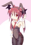  :d alternate_hairstyle animal_ears animal_print bare_shoulders bat_print black_legwear breasts bunny_ears bunnysuit cowboy_shot ichidai_taisa koakuma long_hair looking_at_viewer open_mouth pantyhose print_legwear red_eyes red_hair small_breasts smile solo touhou twintails wrist_cuffs 