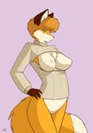  2015 anthro big_breasts bottomless breasts brown_hair canine clothed clothing exposed exposed_breasts female fluffy_tail fox fur green_eyes hair half-dressed keyhole_turtleneck looking_at_viewer mammal orange_fur smile solo starfighter sweater white_fur 