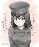  akitsu_maru_(kantai_collection) black_hair breasts covered_nipples directional_arrow hat kantai_collection kotatsu_(kotatsu358) large_breasts military military_uniform short_hair signature translation_request twitter_username uniform valentine 