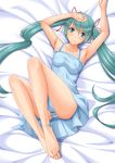  anklet aqua_eyes aqua_hair arms_up bad_id bad_pixiv_id bare_arms barefoot bed blush breasts chiro collarbone dress feet hair_ribbon hatsune_miku jewelry long_hair looking_at_viewer lying medium_breasts on_back panties ribbon smile solo striped striped_panties twintails underwear very_long_hair vocaloid 