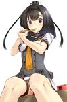  akasaai akizuki_(kantai_collection) black_hair eating food headband holding_pizza kantai_collection pizza pizza_hut school_uniform serafuku sitting 