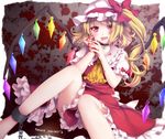  blonde_hair blood blood_splatter blush bow chain character_name choker cuffs fang flandre_scarlet frilled_skirt frills hat long_hair looking_at_viewer nanamiya open_mouth ponytail red_eyes shackles short_sleeves skirt solo touhou wings 