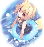  1girl animal_ear_fluff animal_ears bangs bare_shoulders bell bell_collar black_swimsuit blonde_hair borrowed_character breasts collar commentary_request eyebrows_visible_through_hair fox_ears fox_girl fox_tail hair_between_eyes hair_bun innertube jingle_bell karukan_(monjya) kemomimi-chan_(naga_u) long_hair looking_at_viewer mouth_hold one-piece_swimsuit original partially_submerged red_collar red_eyes school_swimsuit small_breasts solo swimsuit tail water 