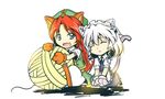  animal_ears apron bangs blue_eyes cat_day cat_ears chibi gloves hong_meiling izayoi_sakuya kemonomimi_mode lastfin long_hair looking_at_another maid_apron maid_headdress multiple_girls oversized_object parted_bangs paw_gloves paws red_hair short_hair silver_hair touhou waist_apron 