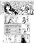  ? akashi_(kantai_collection) clenched_hand comic commentary_request emphasis_lines gameplay_mechanics glasses greyscale hair_ribbon hand_on_hip hand_on_own_chest hand_to_own_mouth highres kantai_collection long_hair monochrome multiple_girls ooyodo_(kantai_collection) parody profile ribbon running school_uniform serafuku spaghe style_parody tears thighhighs translated tress_ribbon 