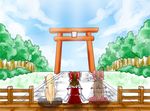  ahoge blonde_hair bow brown_hair detached_sleeves from_behind hair_bow hair_ribbon hakurei_reimu long_hair multiple_girls older original ribbon rumia sendai_hakurei_no_miko short_hair sitting skirt soyko torii touhou 