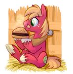  2014 big_macintosh_(mlp) burger equine food freckles friendship_is_magic fur green_eyes hair hay horse male mammal my_little_pony orange_hair pony red_fur smile solo thedoggygal tongue 