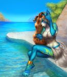  anthro bra breasts canine clothing female hair llirika looking_at_viewer mammal outside partially_submerged sitting solo underwear wide_hips 